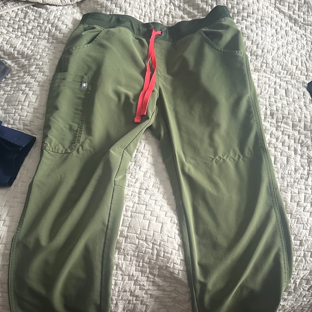 Figs Olive Green Scrub Pants with Pink Drawstring